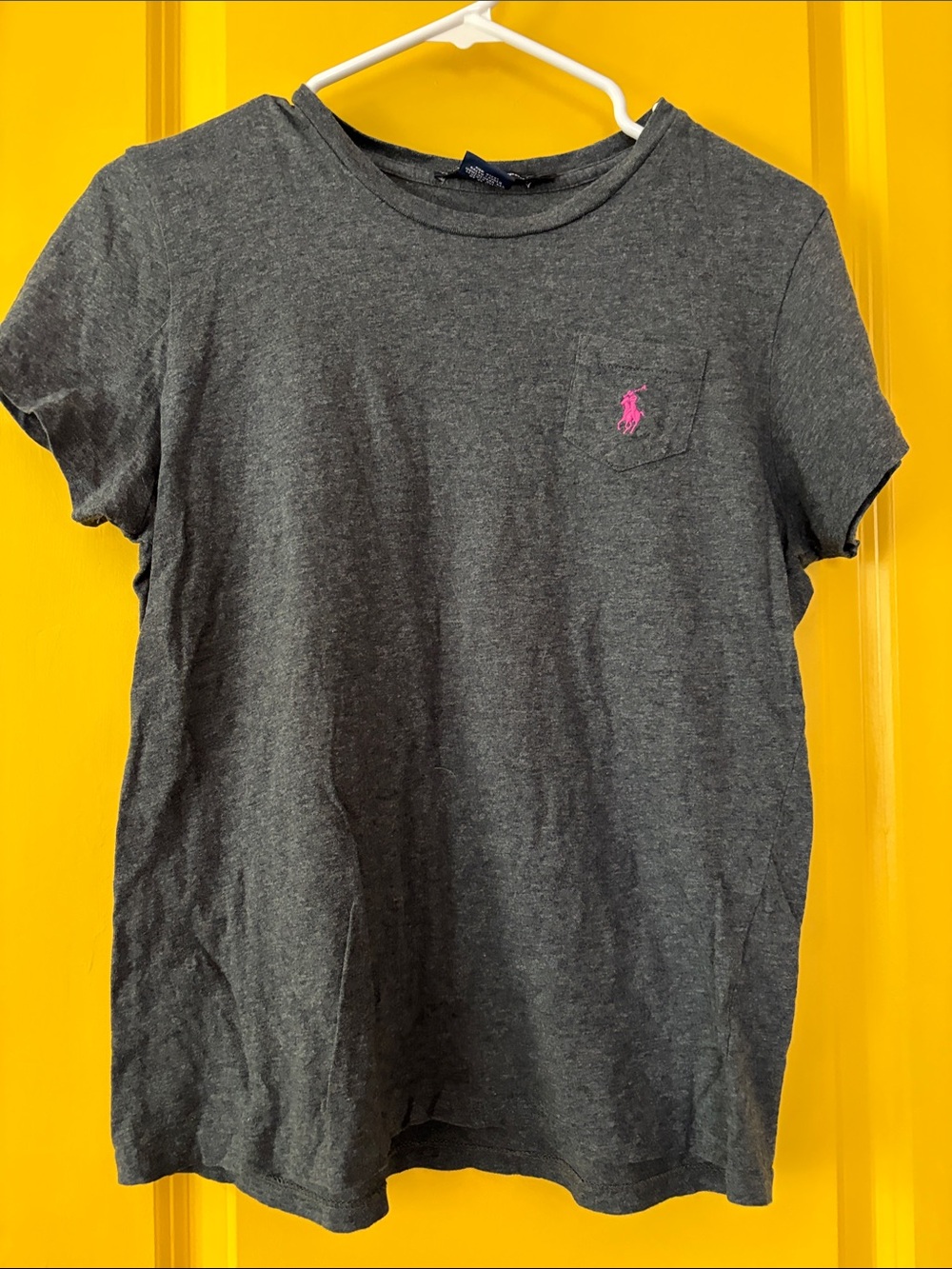 Ralph Lauren Women’s Charcoal Gray Pocket Tee with Pink Pony